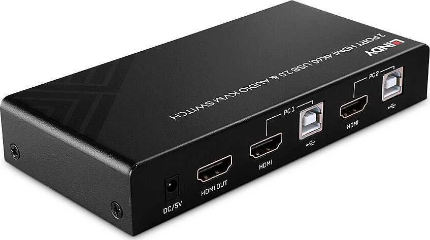 KVM Switch - LINDY 2 Prievadų HDMI 4K60, USB 2.0 ir Garso KVM Switch, Juodas