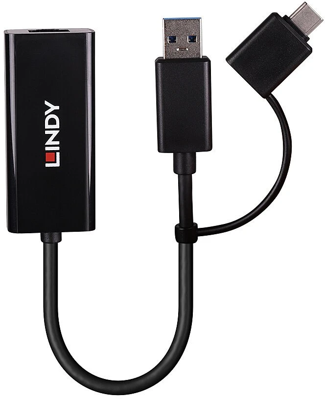 Tinklo Adapteris - LINDY USB 3.2 Gen 1 Gigabit Ethernet Konverteris, RJ45, USB A/C, Juodas