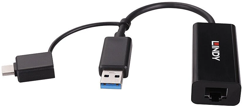 Tinklo Adapteris - LINDY USB 3.2 Gen 1 Gigabit Ethernet Konverteris, RJ45, USB A/C, Juodas