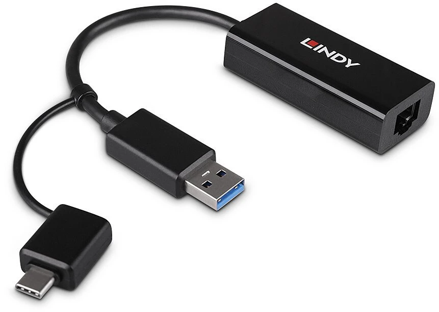 Tinklo Adapteris - LINDY USB 3.2 Gen 1 Gigabit Ethernet Konverteris, RJ45, USB A/C, Juodas