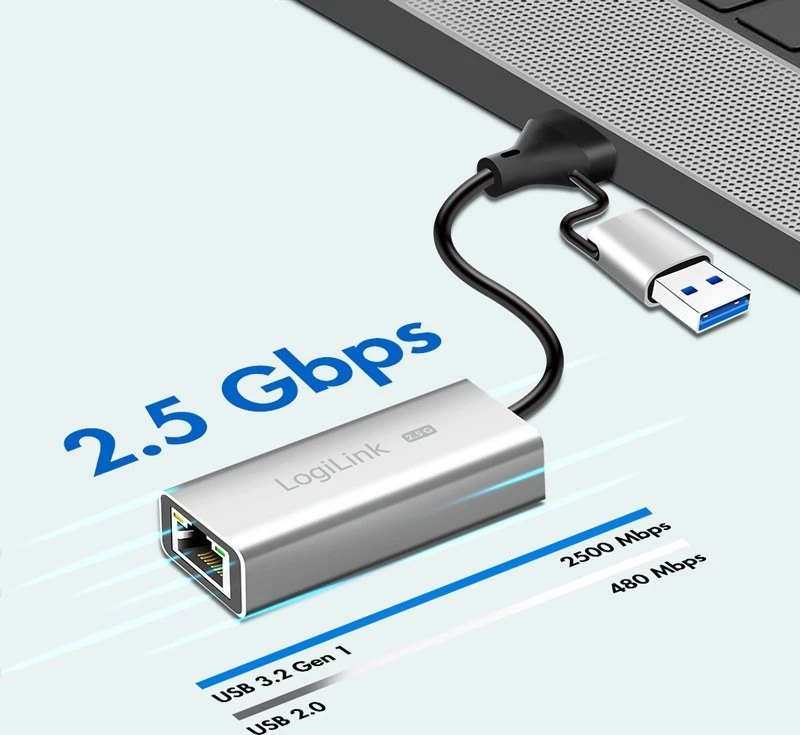„LogiLink“ adapteris USB-A/-C į 2,5 g Ethernet, pilkas