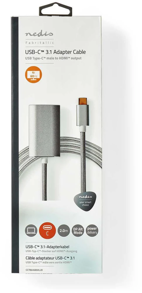 Nedis USB adapteris | USB 3.2 Gen 1 | USB-C™ jungtis | HDMI™ | energijos tiekimas | 2,00m | apvalus | Paauksuotas | Pintas / nailonas | sidabras | pakavimas su