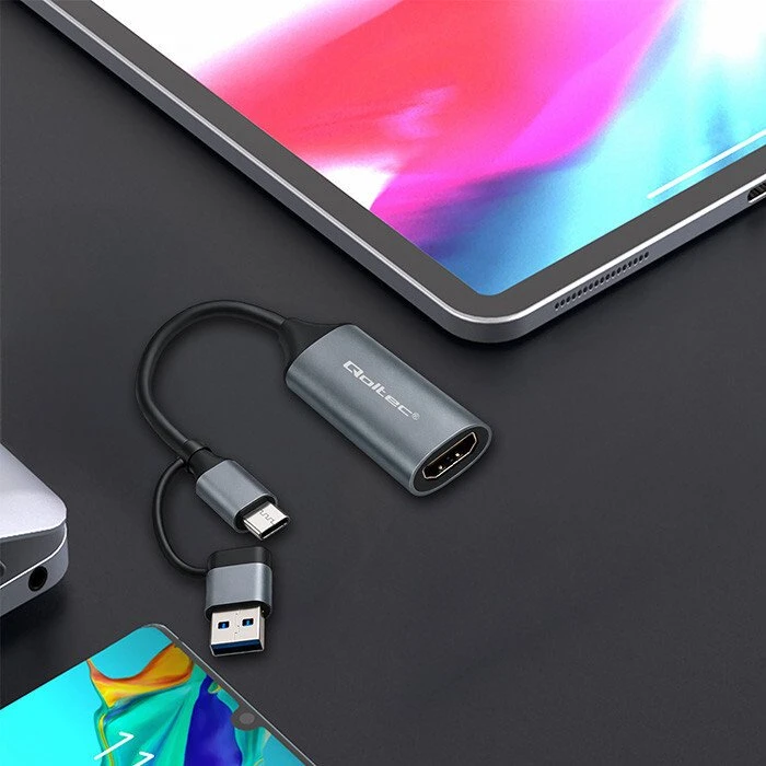 Qoltec vaizdo įrašymo plokštė USB-C USB-A HDMI 4K 30Hz aliuminis