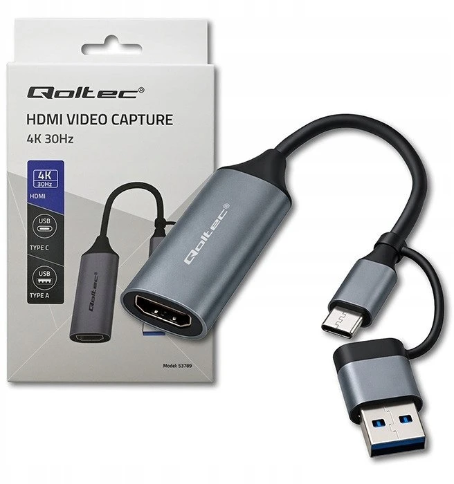 Qoltec vaizdo įrašymo plokštė USB-C USB-A HDMI 4K 30Hz aliuminis