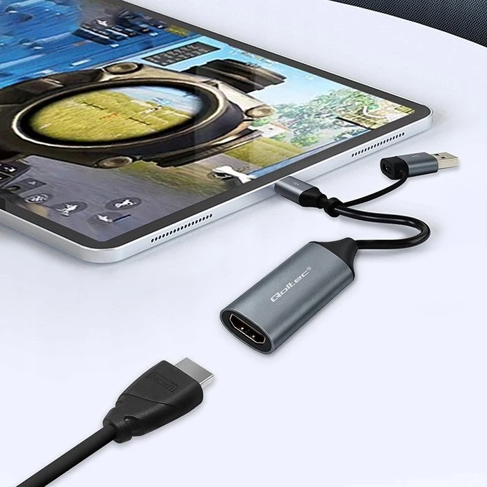 Qoltec vaizdo įrašymo plokštė USB-C USB-A HDMI 4K 30Hz aliuminis