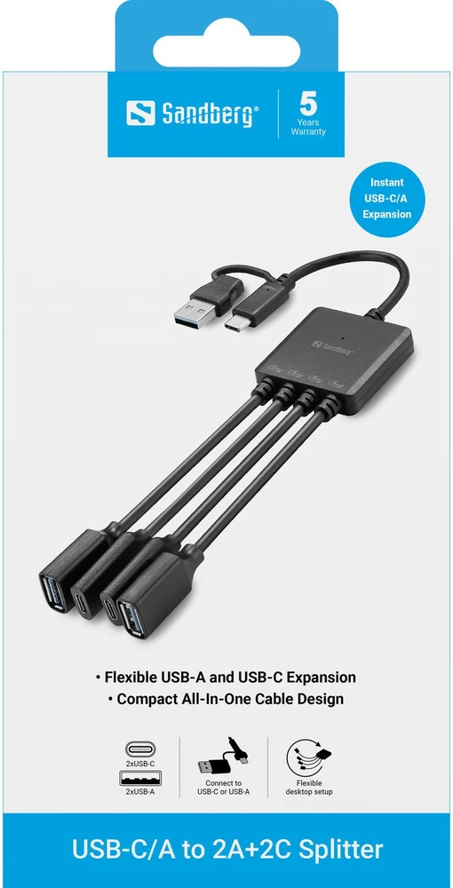 Adapteris USB Sandberg 136-81 USB-A + USB-C - 2X USB-A +2X USB-C Juodas (136-81)