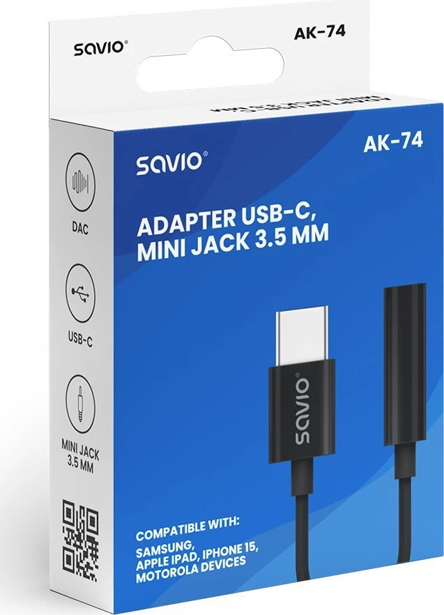 Adapteris USB Savio AK-74 USB-C - Jack 3.5mm Juodas (SAVAK-74)
