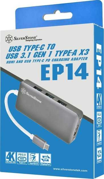 HUB USB SilverStone SST-EP14C - USB 3.1 Typ-C Gen1 auf HDMI, 3x USB 3.1 Gen 1 Type-A, 1x USB 3.1 Gen 1 Type-C (PD 2.0 charging)
