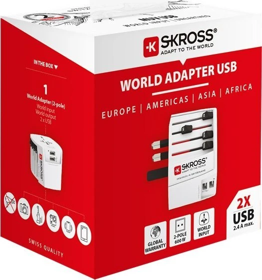 Kelioninis tinklo adapteris 230V 2.5A, 2x USB MUV kištukai AU/CN/UK/US/IT - lizdai EU/AU/UK/US (be įžeminimo) SKROSS