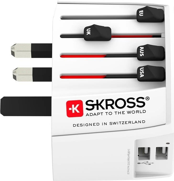 Kelioninis tinklo adapteris 230V 2.5A, 2x USB MUV kištukai AU/CN/UK/US/IT - lizdai EU/AU/UK/US (be įžeminimo) SKROSS