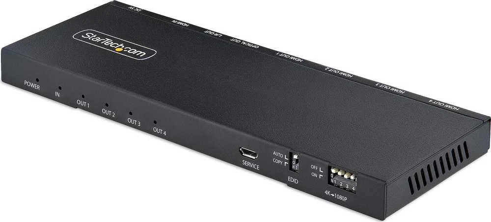 StarTech.com 4 prievadų HDMI skirstytuvas, 4K 60Hz HDMI 2.0 vaizdas, 4K HDMI skirstytuvas su integruotu skaleriu, HDMI skirstytuvas 1 įvestis 4 išvestys, 3,5 mm / optinis garso prievadas, HDMI ekrano / išvesties skirstytuvas, HDMI, 4x HDMI, 2.0b, 3840 x 2160 pikselių, juodas, metalinis