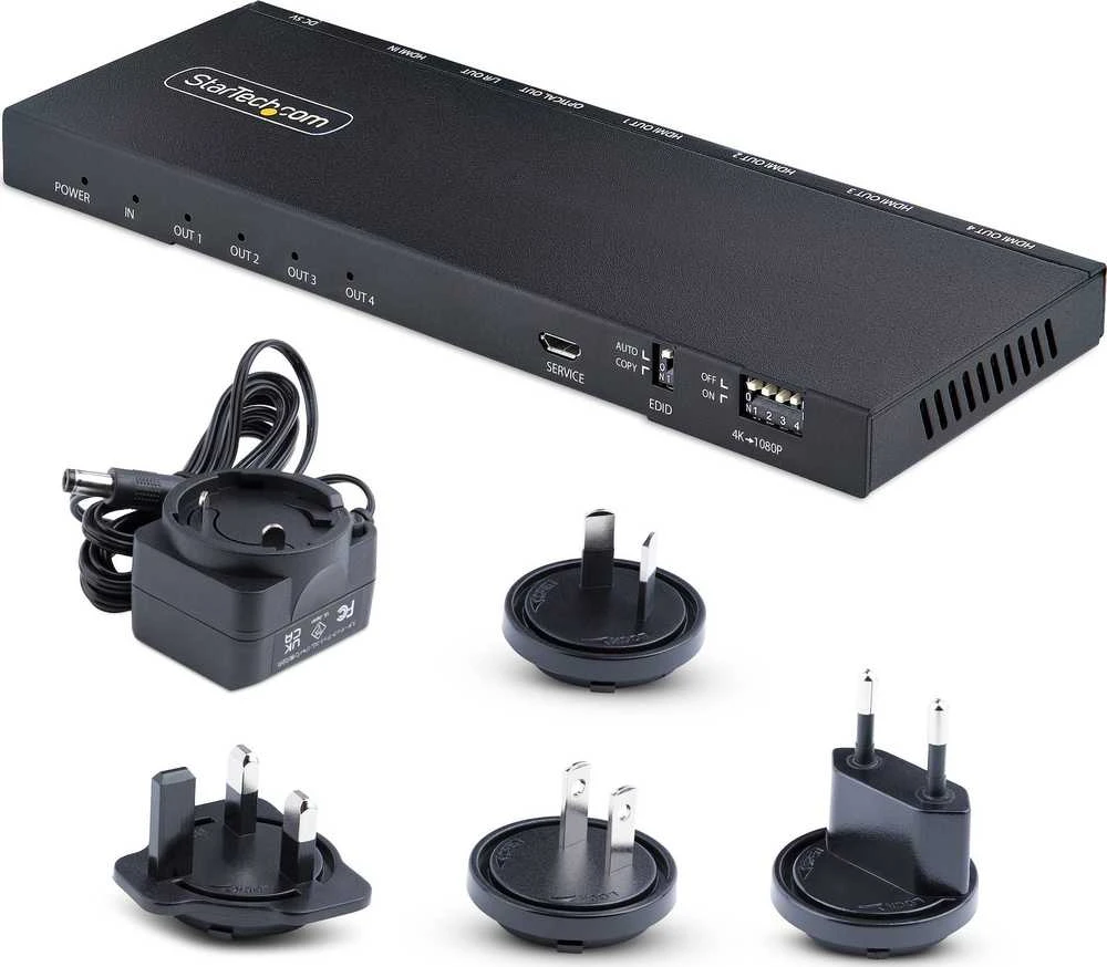 StarTech.com 4 prievadų HDMI skirstytuvas, 4K 60Hz HDMI 2.0 vaizdas, 4K HDMI skirstytuvas su integruotu skaleriu, HDMI skirstytuvas 1 įvestis 4 išvestys, 3,5 mm / optinis garso prievadas, HDMI ekrano / išvesties skirstytuvas, HDMI, 4x HDMI, 2.0b, 3840 x 2160 pikselių, juodas, metalinis
