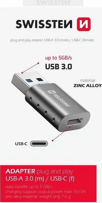 Adapteris USB Swissten 55500200 USB-A - USB-C Sidabrinė (55500200)