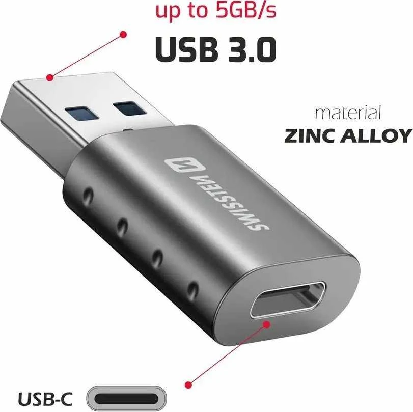 Adapteris USB Swissten 55500200 USB-A - USB-C Sidabrinė (55500200)
