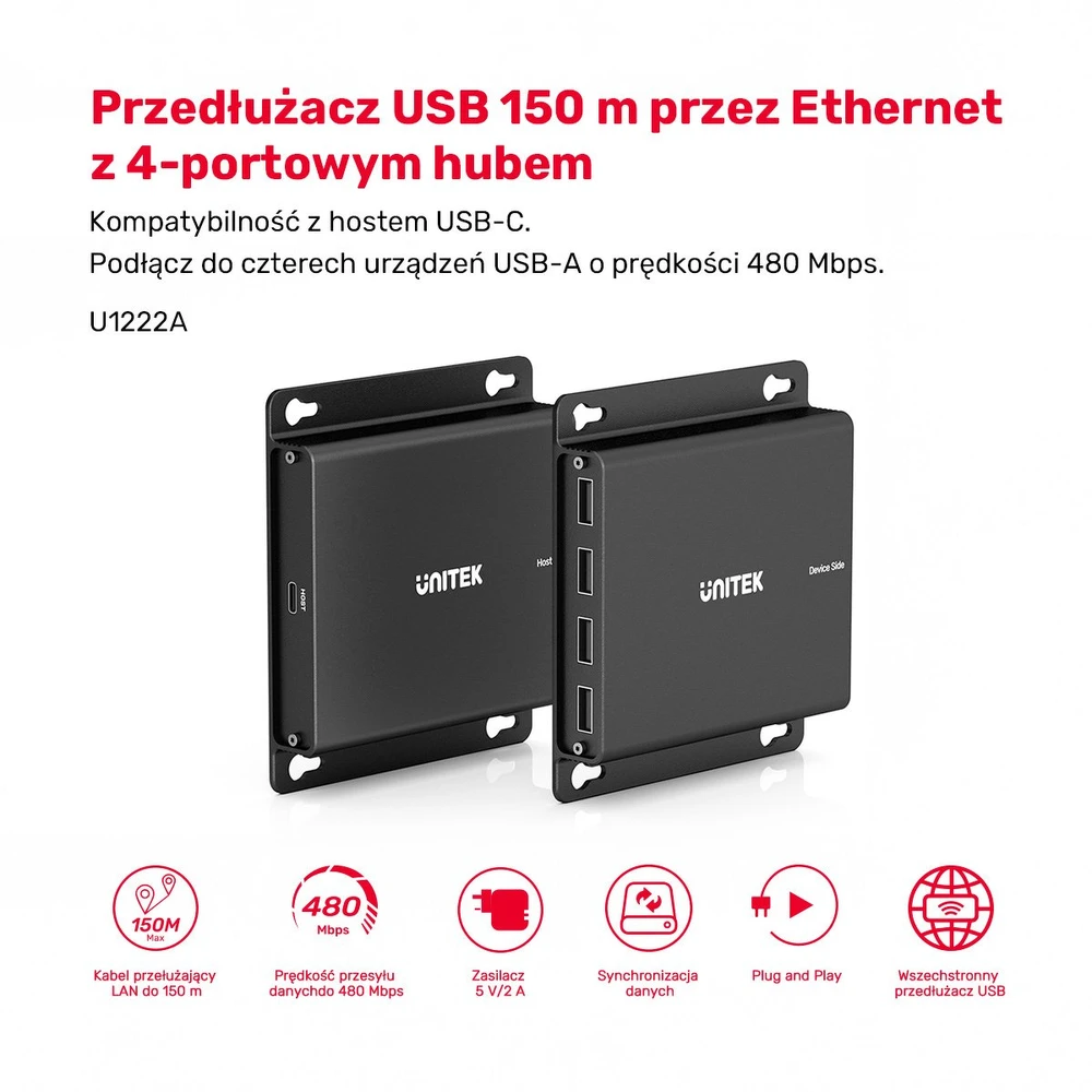 Unitek USB-C į 4× USB-A prailginimo kabelis per Ethernet, atstumas iki 150 m 480 Mbps
