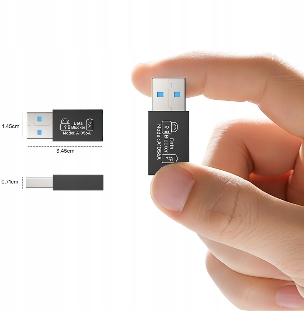 Unitek USB-A duomenų blokatorius su matmenimis