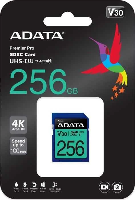 ADATA Premier Pro UHS-I SDXC, 256 GB, Flash atminties klasė 10, U3, V30, 85 MB/s, 100 MB/s