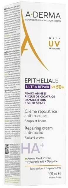 A-Derma Epitheliale Ultra Repair parabenų atkuriamasis dieninis veido ir kūno kremas SPF 50+, 100 ml