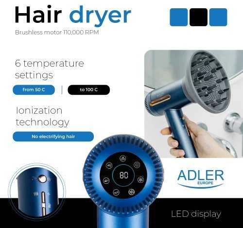 Adler Plaukų džiovintuvas | AD 2271 SUPERSPEED | 1500 W | Number of temperature settings 6 | Ionic function | Diffuser nozzle | Mėlyna