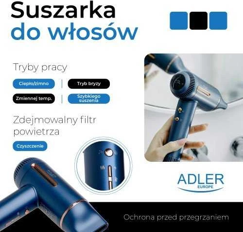 Adler Plaukų džiovintuvas | AD 2271 SUPERSPEED | 1500 W | Number of temperature settings 6 | Ionic function | Diffuser nozzle | Mėlyna