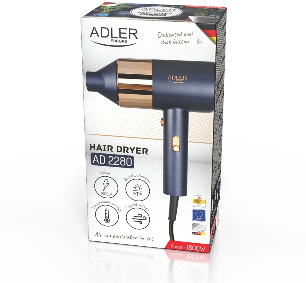 Adler Plaukų džiovintuvas | AD 2280 | 1800 W | Number of temperature settings 3 | Mėlyna/Gold