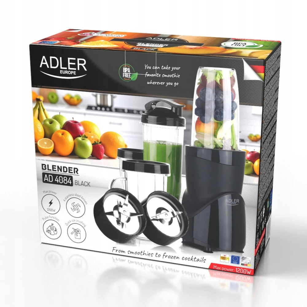 Smoothie maišytuvas kokteiliams 1200W 4 buteliai vandens buteliai be BPA 10in1 Adler AD 4084b