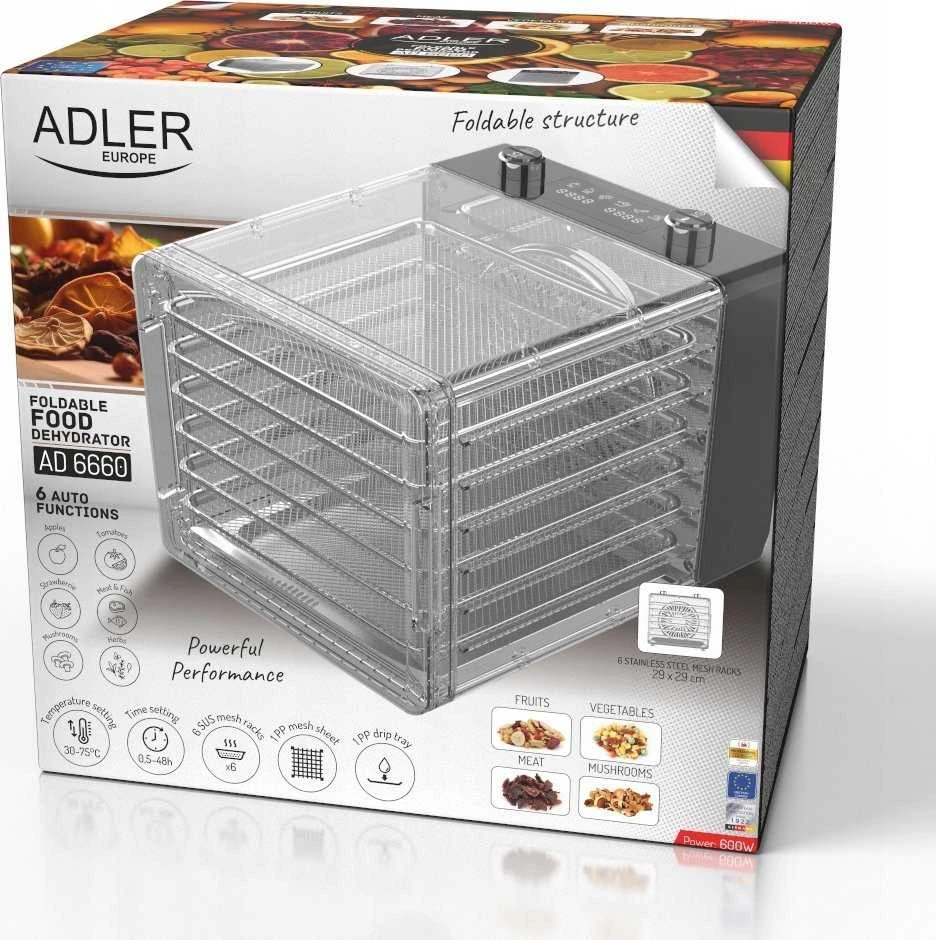 Adler | Maisto džiovyklė | AD 6660 | Galia 600 W | Dėklių skaičius 6 | Integruotas laikmatis | Juodas