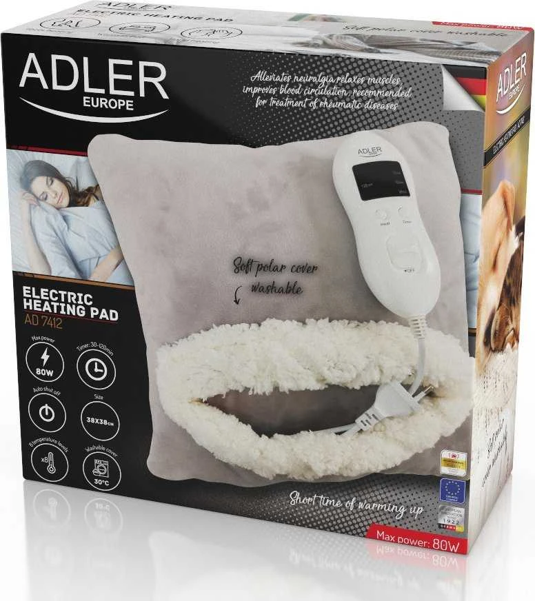 Adler | Blanket Elektrinė šildyklė | AD 7412 | Number of heating levels 8 | Number of persons 1 | Washable | Soft fleece | 80 W | Pilkas