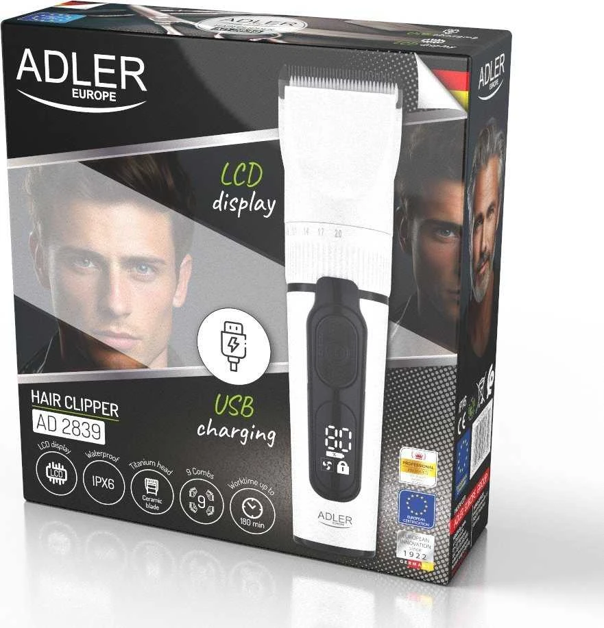 Adler | Plaukų kirpimo mašinėlė su LCD Ekranas | 2839 m. AD | Belaidis | Ilgio žingsnių skaičius 6 | Baltas/Juodas