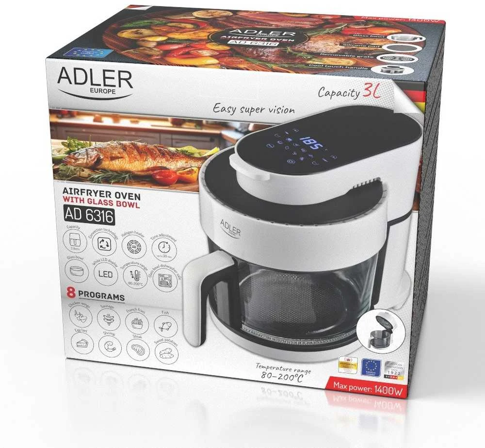 Gruzdintuvė Adler Air Fryer Orkaitė su stikliniu dubeniu | AD 6316 | Galia 1200 W | Talpa 3 L | Konvekcija | Baltas/Juodas