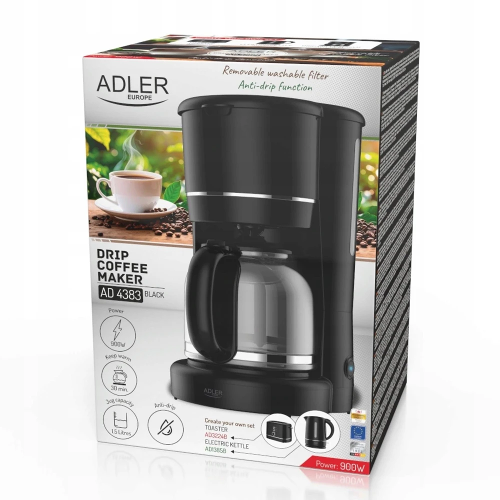 Kavamalė Adler AD 4383b Lašėjimo for ground kavos 1.5 L Juodas