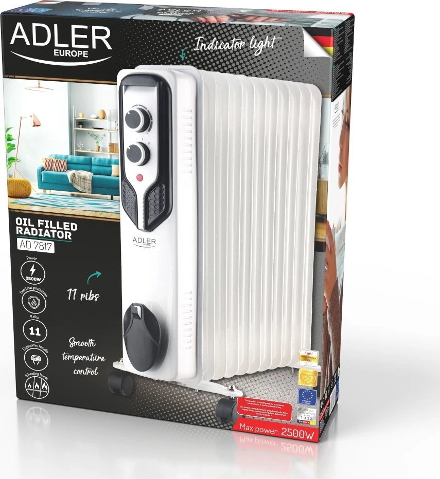 Adler | Alyva užpildytas radiatorius | AD 7817 | Alyva užpildytas radiatorius | 2500 W | Galios lygių skaičius 3 | Baltas