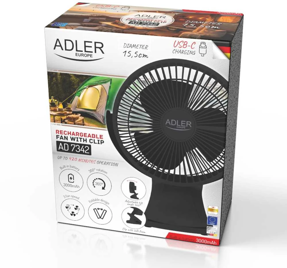 Ventiliatorius Adler Rechargeable Clip-on Desk Fan | AD 7342 | Table Fan | 5 W | Diameter 15.5 cm | Greičių skaičius 3 | Oscillation | Juodas
