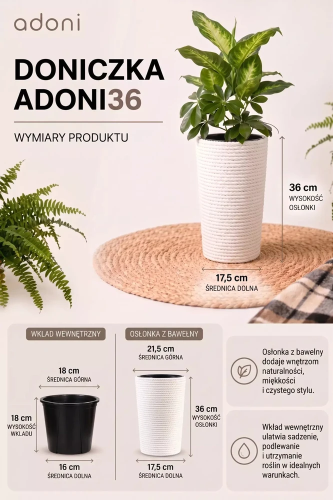 Adoni Baltas medvilninis gėlių vazonas su įdėklu 22x36 cm – rankų darbo (adoni-ba-wht-36)