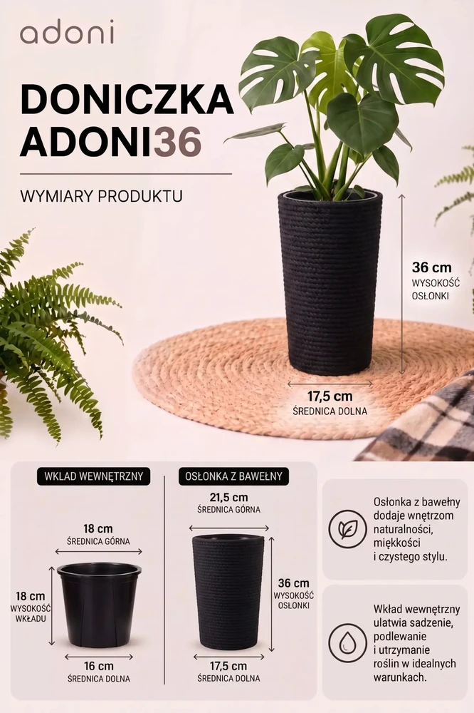 Adoni juodas medvilninis vazonas su įdėklu 22x36 cm – rankų darbo (adoni-ba-blk-36)