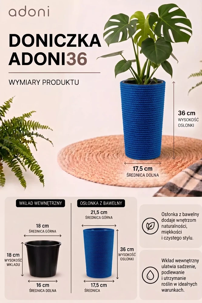 Adoni mėlynas medvilninis gėlių vazonas su įdėklu 22x36 cm – rankų darbo (adoni-ba-blu-36)