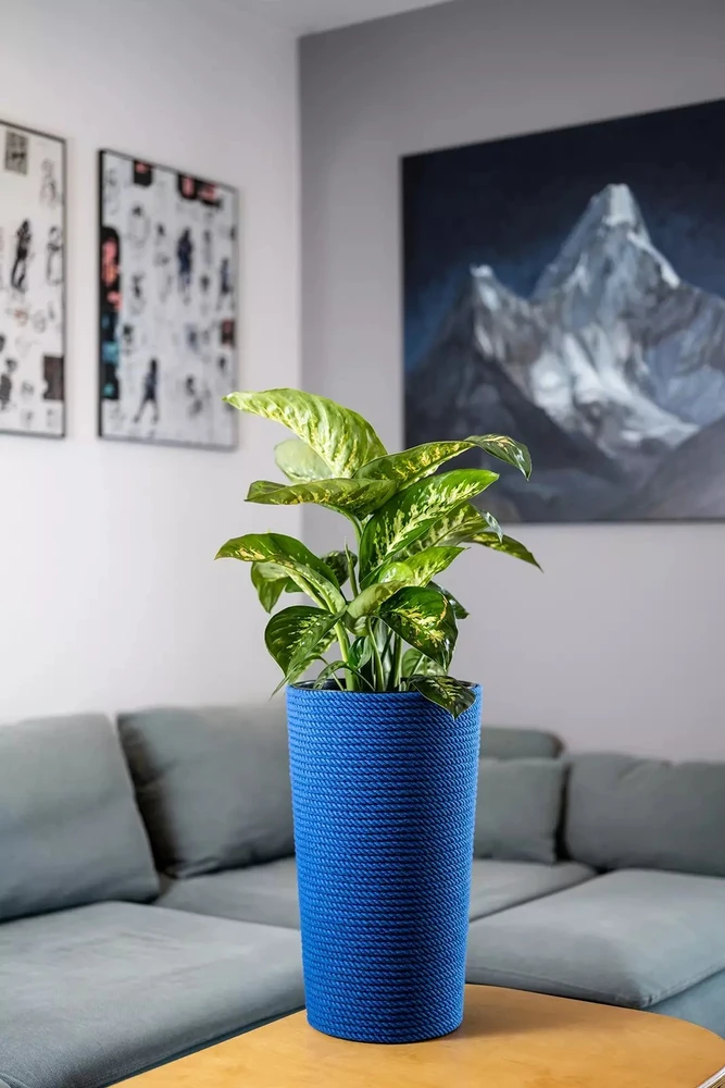 Adoni mėlynas medvilninis gėlių vazonas su įdėklu 28x47 cm – rankų darbo (adoni-ba-blu-47)