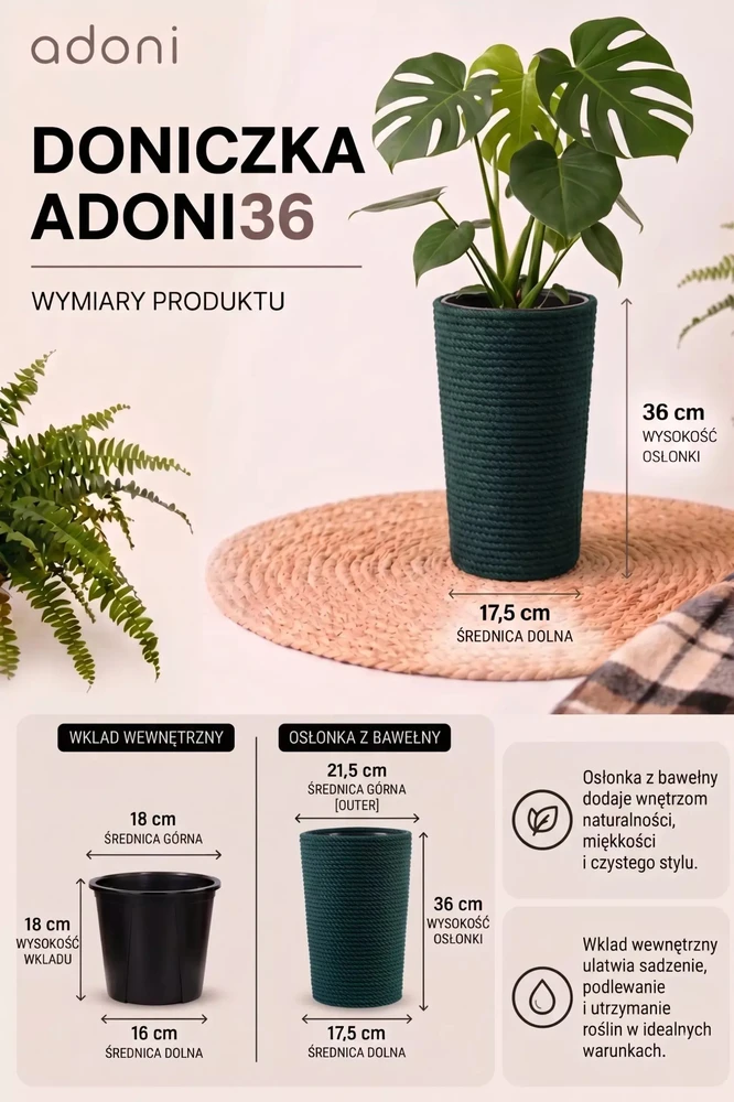 Adoni žalias medvilninis vazonas su įdėklu 22x36 cm – rankų darbo (adoni-ba-grn-36)