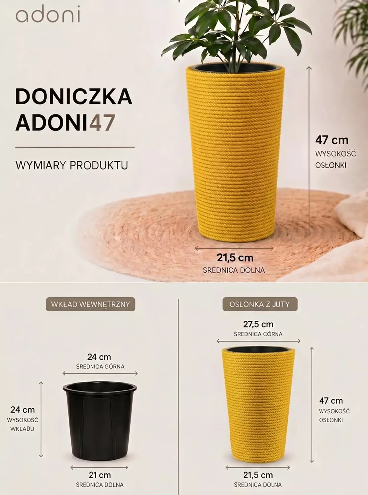 Adoni Geltonas džiuto vazonas su įdėklu 28x47 cm - rankų darbo (adoni-yel-47)
