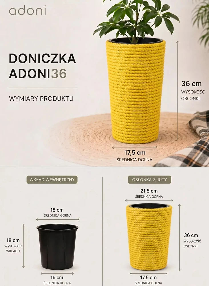 Adoni geltonas džiuto vazonas su įdėklu 22x36 cm - rankų darbo (adoni-yel-36)