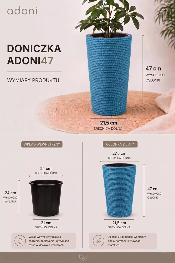 Adoni mėlynas džiuto vazonas su įdėklu 28x47 cm - rankų darbo (adoni-blu-47)