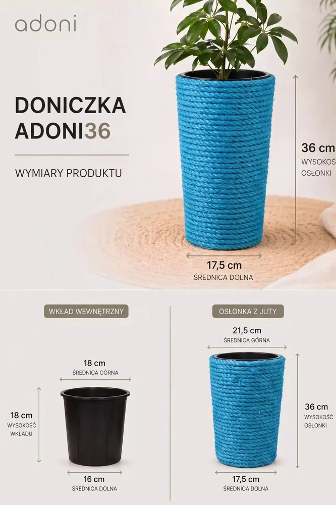 Adoni mėlynas džiuto vazonas su įdėklu 22x36 cm - rankų darbo (adoni-blu-36)