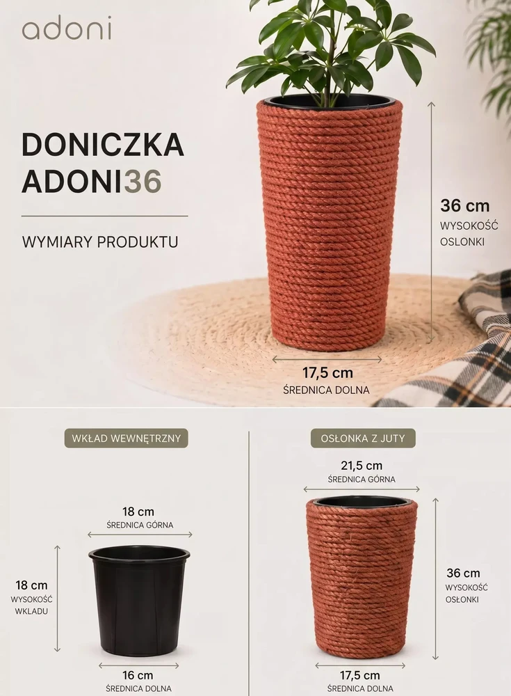 Adoni Raudonas džiuto vazonas su įdėklu 22x36 cm - rankų darbo (adoni-red-36)
