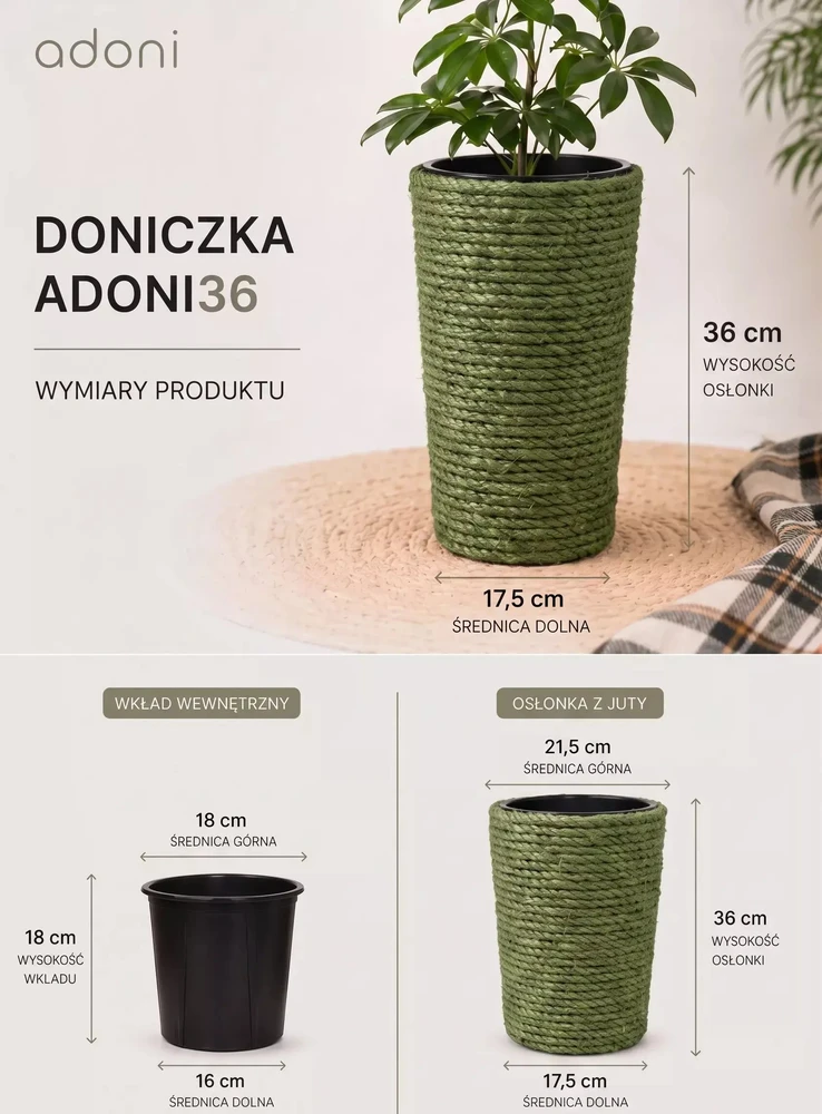 Adoni žalias džiuto vazonas su įdėklu 22x36 cm - rankų darbo (adoni-grn-36)