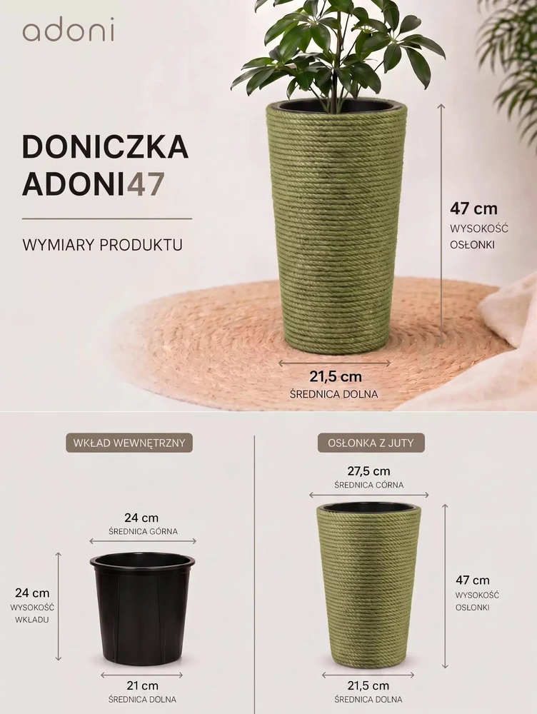 Adoni žalias džiuto vazonas su įdėklu 28x47 cm - rankų darbo (adoni-grn-47)