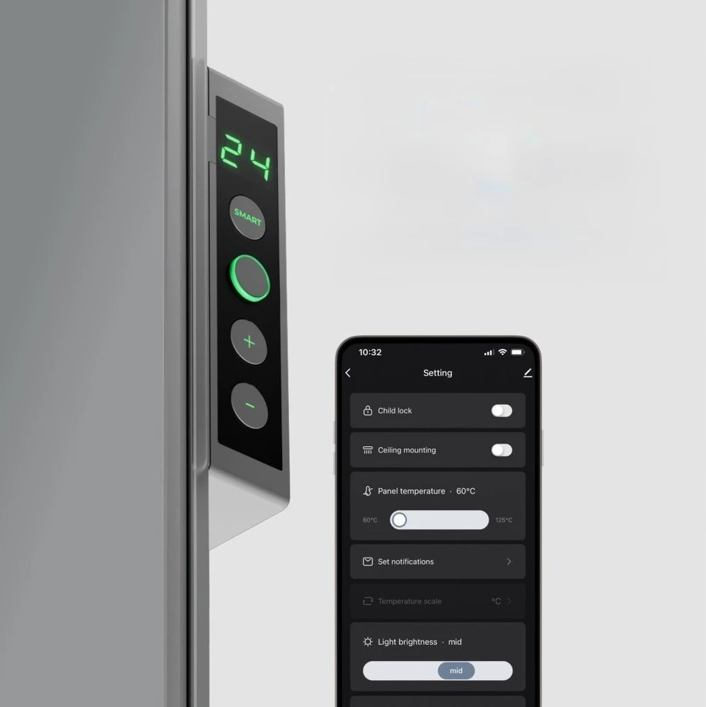 AENO Premium Eco Smart Heater, 700W, Grūdintas stiklas, Infraraudonųjų spindulių+konvekcinis šildymo tipas, LED ekranas, Kištuko tipas: Europa (E/F tipas), Pilkas