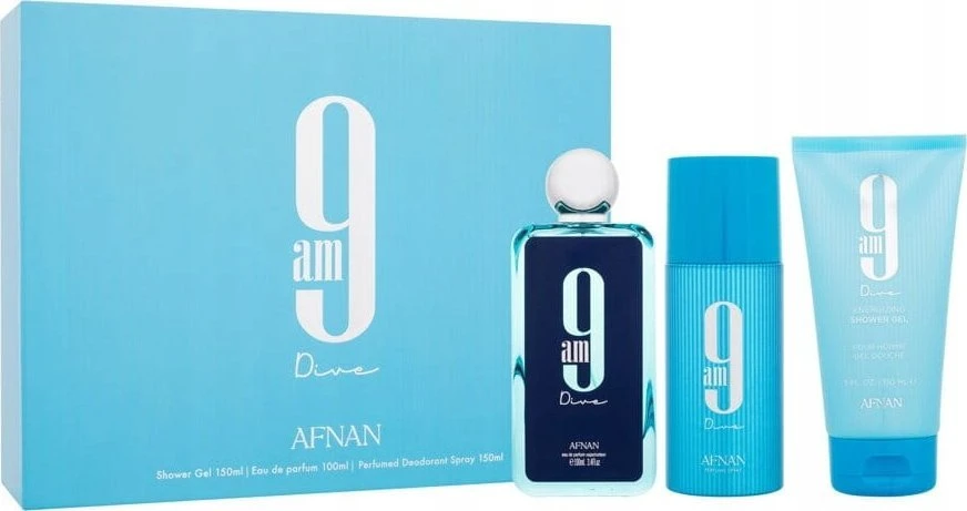 Unisex kvepalų rinkinys Afnan 9am Dive (EDP, 100 ml + purškiamas dezodorantas, 150 ml + dušo želė, 150 ml)