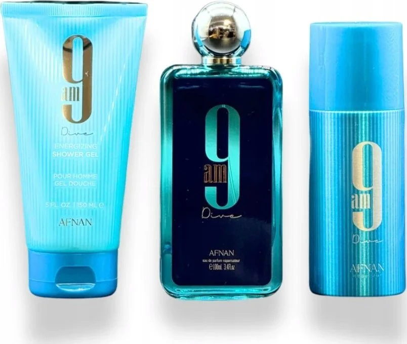 Unisex kvepalų rinkinys Afnan 9am Dive (EDP, 100 ml + purškiamas dezodorantas, 150 ml + dušo želė, 150 ml)