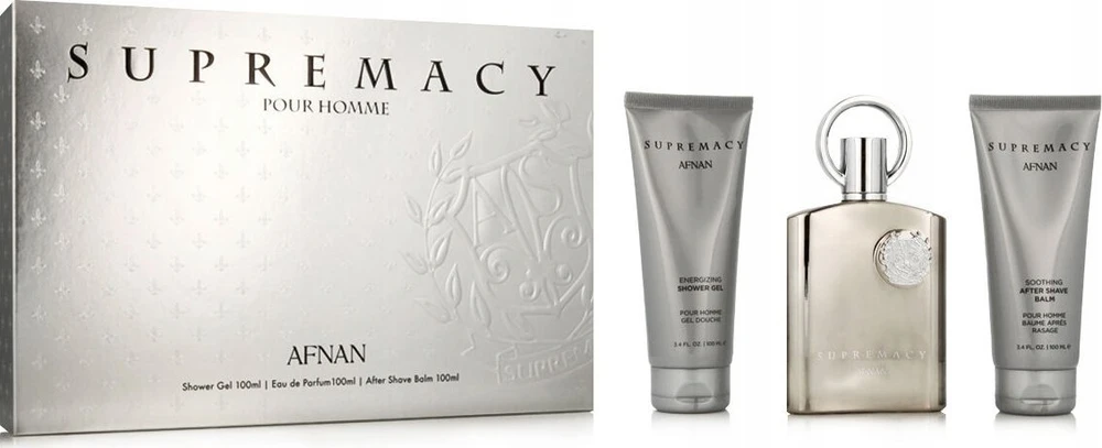 Dovanų rinkinys vyrams Afnan Supremacy Silver, EDP 100 ml + dušo želė 100 ml + balzamas po skutimosi 100 ml