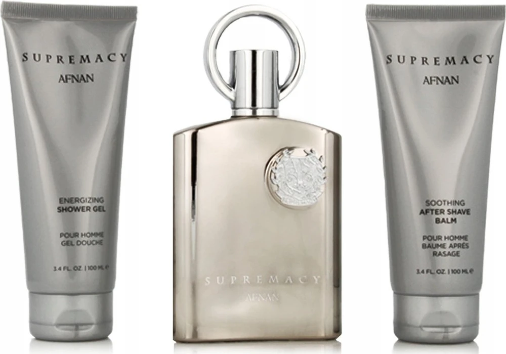 Dovanų rinkinys vyrams Afnan Supremacy Silver, EDP 100 ml + dušo želė 100 ml + balzamas po skutimosi 100 ml